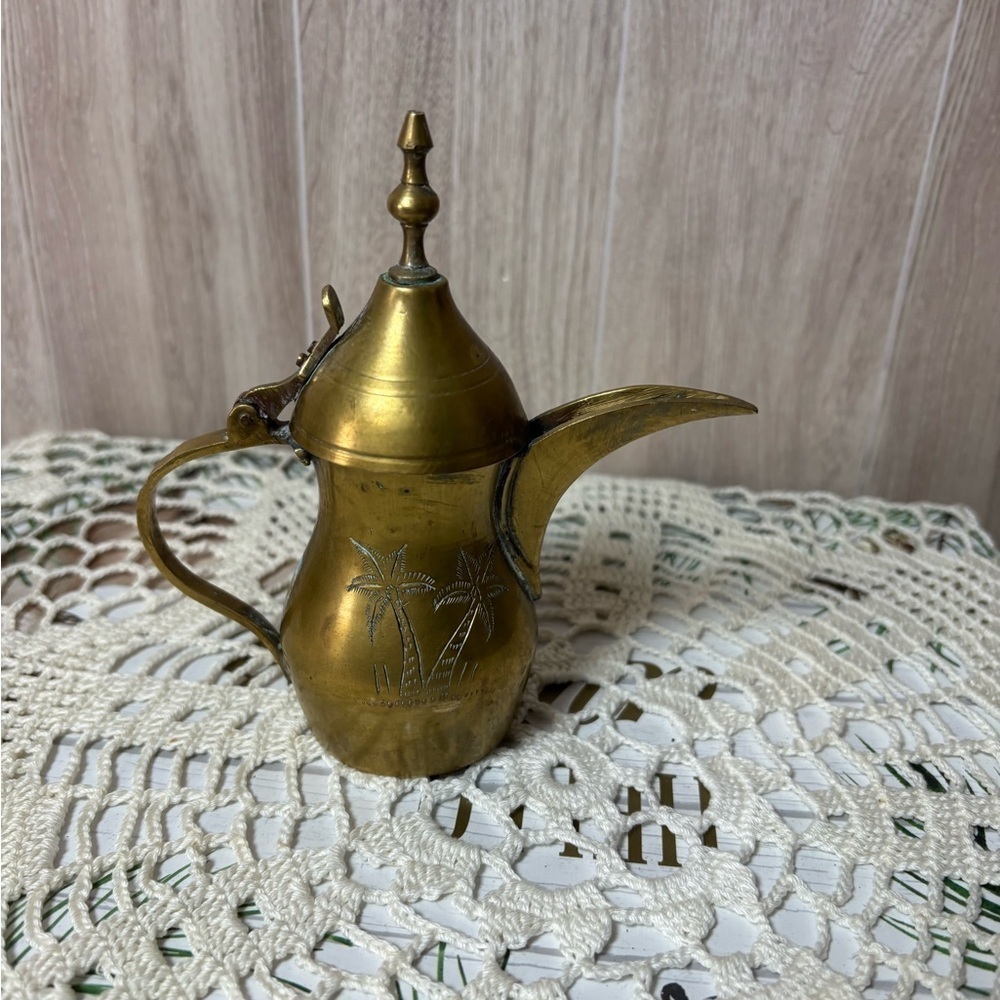 Vintage Brass Mini Teapot with Palm Tree and Camel Design